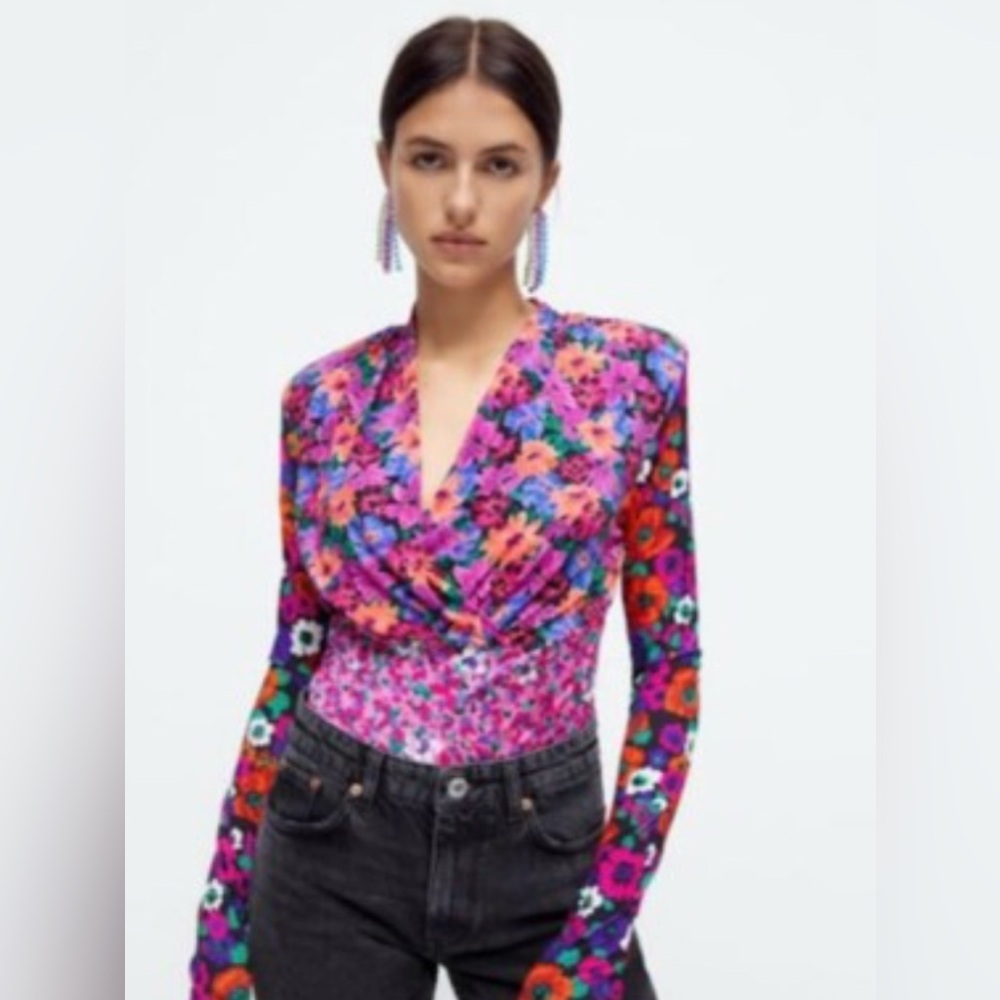 Zara Asymmetrical Long-Sleeved Floral Top